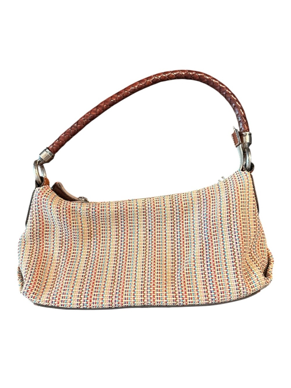 Fossil Woven Multicolor Rainbow Stripe Small Canvas Purse Boho Leather Trim